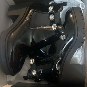Torrid Black Patent Leather Boots with Rhinestone Straps